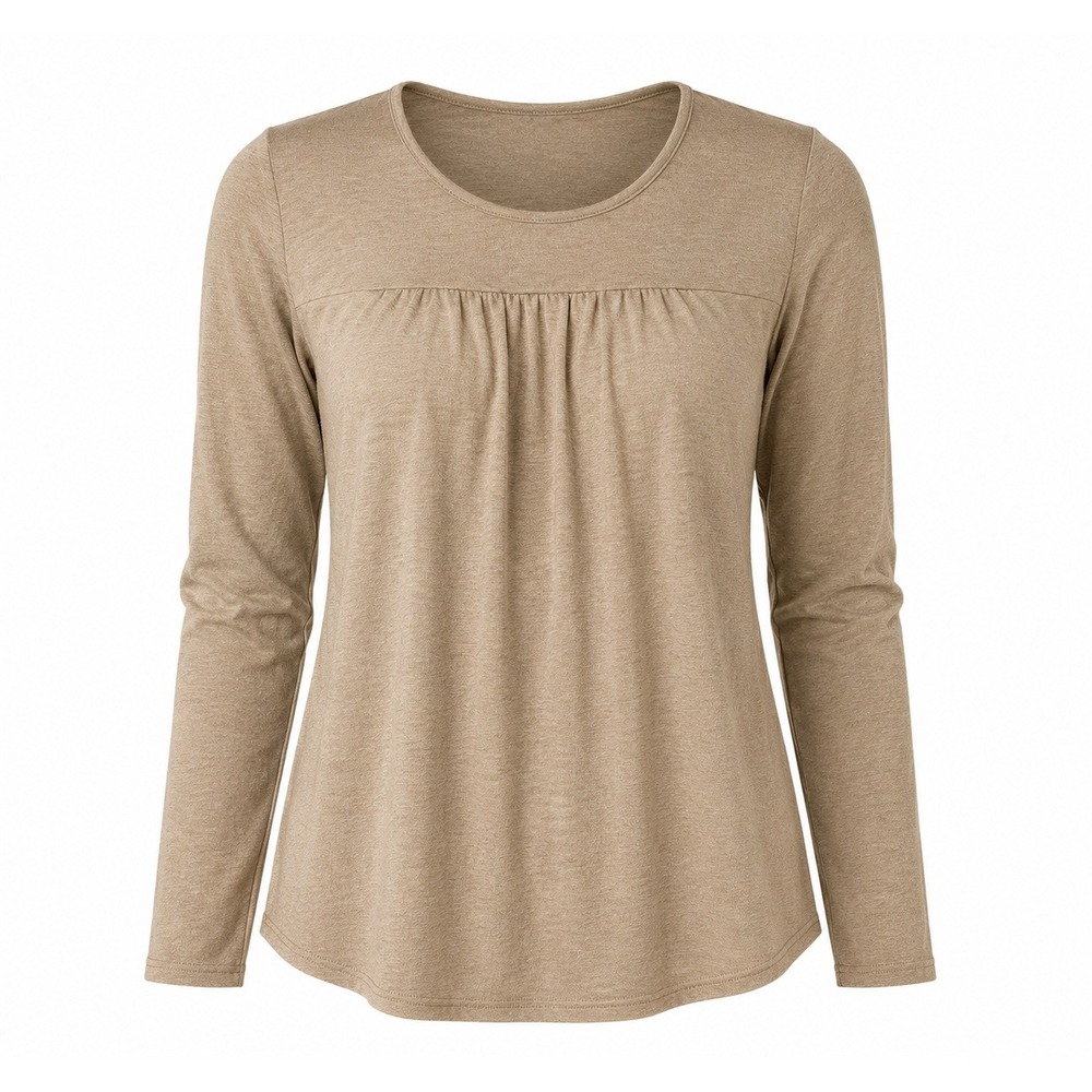 Womens Beige Long Sleeve Peasant Top Gathered Yoke Boho Casual Tunic Blouse XXL - Picture 2 of 7
